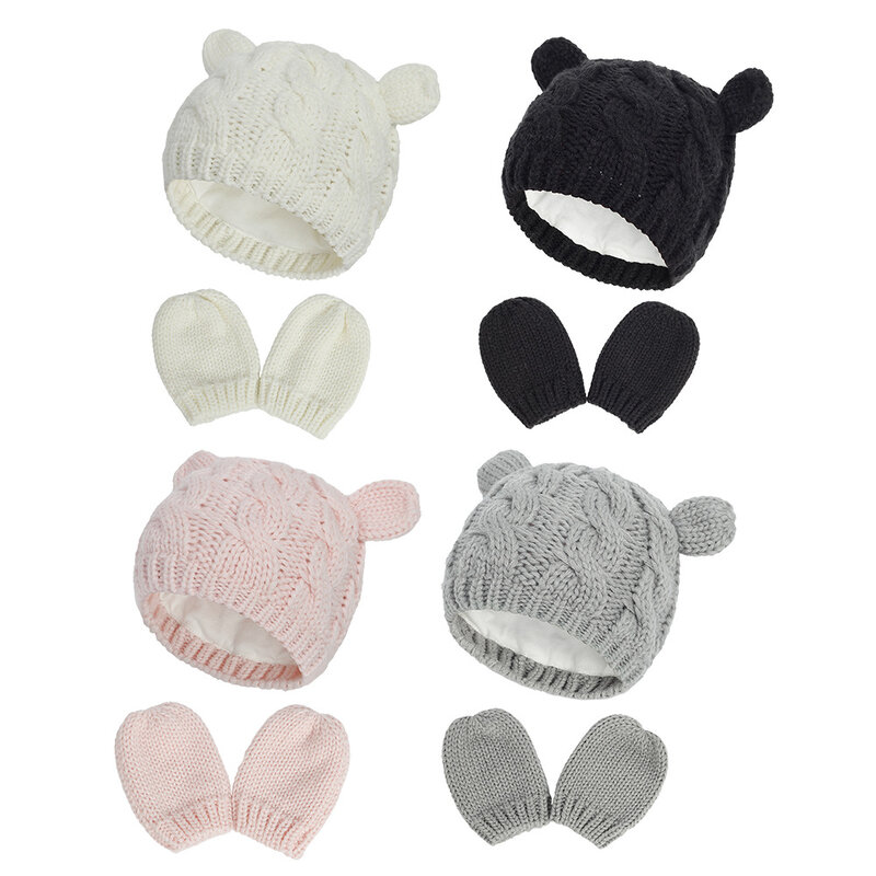 Newborn Comfortable Warm Knitting Wool Hat and Gloves Two Piece Set Cute Cartoon Ears Infant Cap Baby Headwear Photography Props