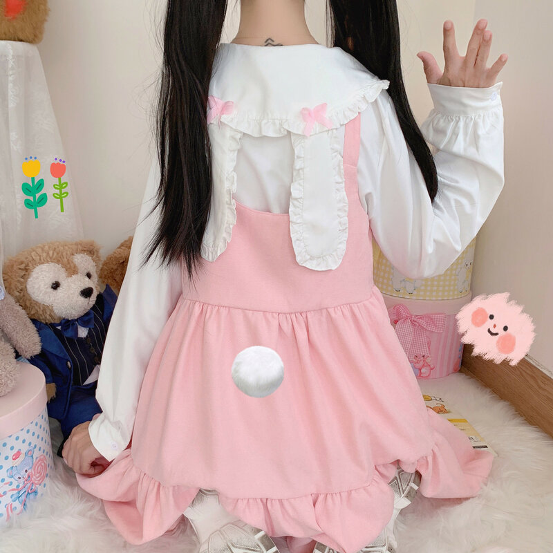 Vestido japonês de orelhas de coelho, fantasia de lolita para cosplay, camisa fofa de orelhas de coelho com babados e sem mangas
