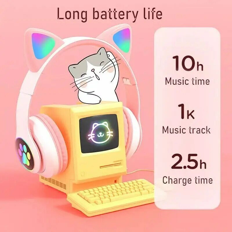Tws Bluetooth Earphones 5.0 Flash Light Cute Cat Ears Stereo Noise Reduce Music Holiday Gift Wireless Headphones with Microphone