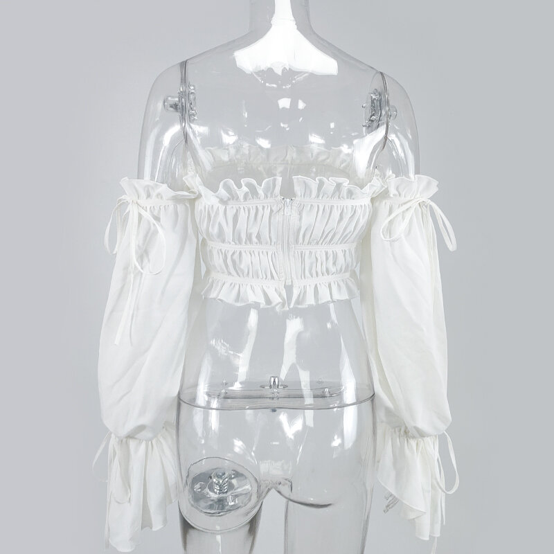NewAsia-Blusa de manga larga con volantes para verano, camisa Sexy con hombros descubiertos para mujer, color blanco, dulce elegante, con cordones, de talla grande, 2020
