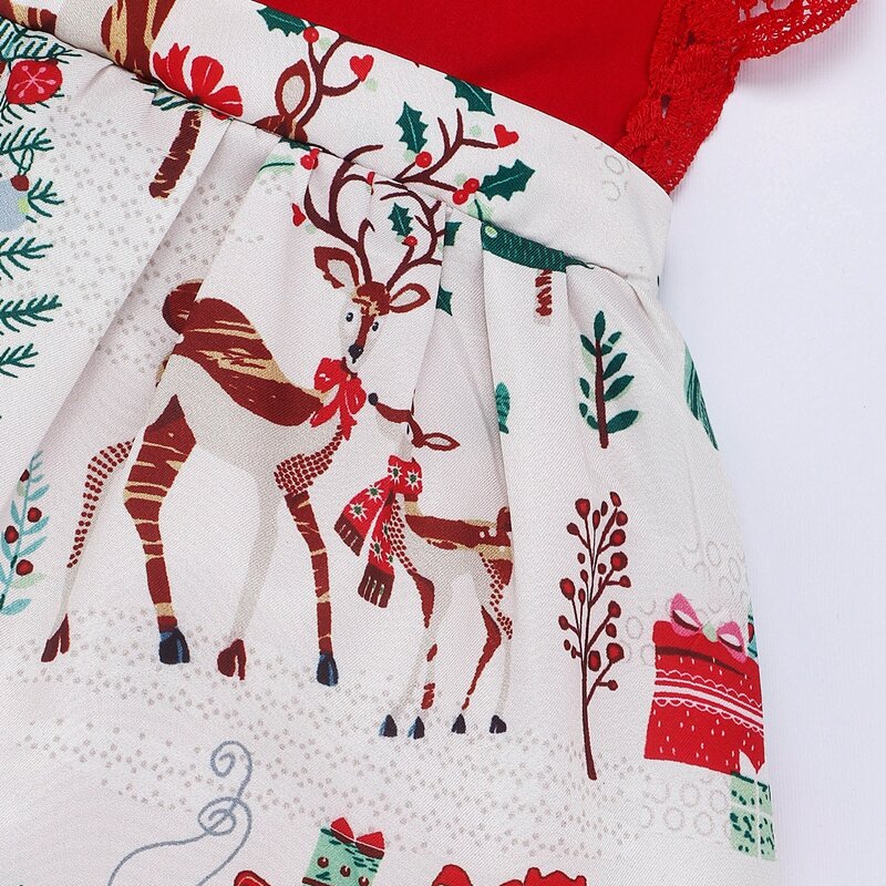 Gaun Natal Bayi Perempuan Baru Lahir Baju Monyet Tahun Baru Balita Gambar Rusa Renda Gaun Pesta Putri Kostum Hiasan Kepala Baju Monyet Pakaian