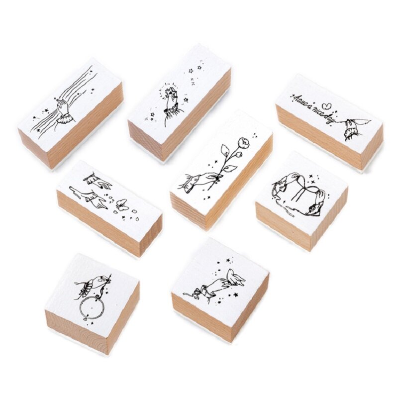 Mr. papel 8 desenhos de letras de dedo, selos de borracha de madeira branca para decoração de álbum de recortes, padrão de madeira faça você mesmo