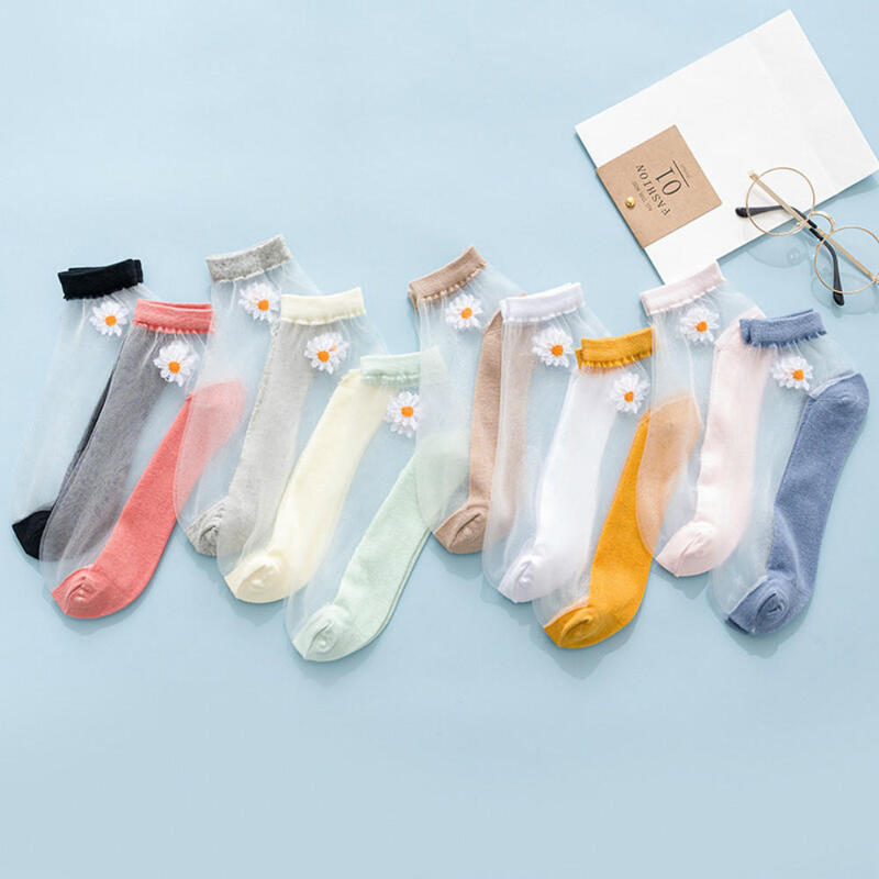 Calcetines tobilleros ultrafinos transparentes para mujer, medias elásticas de seda con encaje bordado de margaritas, novedad de verano, 2021