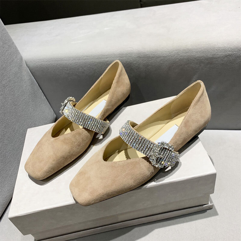 Sepatu Wanita Sol Datar Kristal Bertatahkan Pita Mulut Dangkal Kaki Persegi Kulit Manis Gaya Korea Sepatu Tunggal Ukuran 34-40
