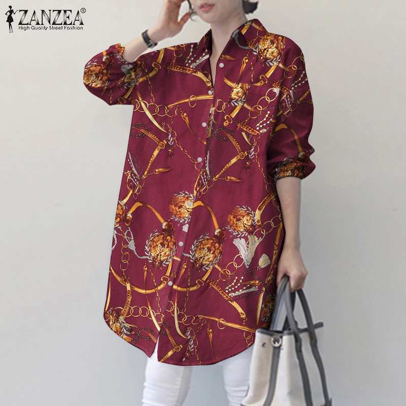 ZANZEA Fashion Shirts Autumn Womens Printed Blusas Vintage Oversized Long Sleeve Tunic Female Lapel Chemise Office Casual Blouse