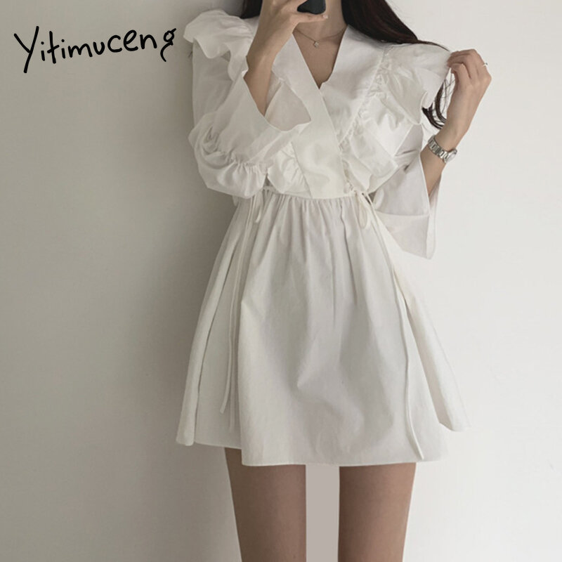 Yitimuceng sukienki z falbankami dla kobiet wysoka talia-line brązowy biały czarny 2021 wiosna lato koreański moda nowa elegancka sukienka