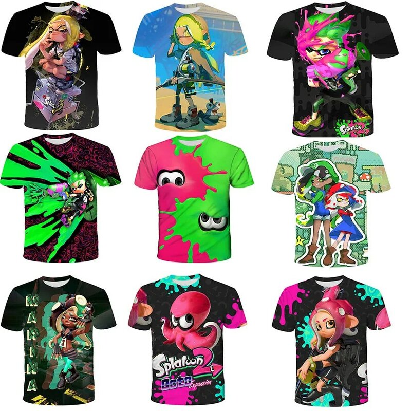 Camisetas de anime Splatoon 2 Inkling Squid de 8 bits, camiseta de Graffiti para niños, Camiseta deportiva informal de manga corta, Tops Kawaii para niños y niñas