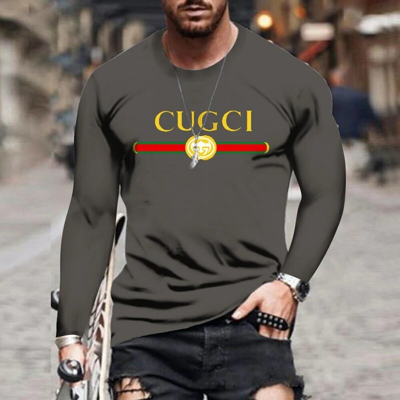 Camiseta de manga larga con cuello redondo para hombre, top con estampado GG, color sólido, ropa deportiva para correr, Otoño e Invierno