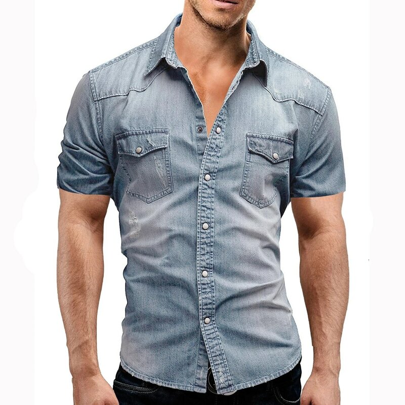 2021 Men Spring Summer Denim Thin Shirt Short Sleeve Soft Cotton Two Pockets Slim Slight Elastic Jeans Cowboy Shirt Clothing