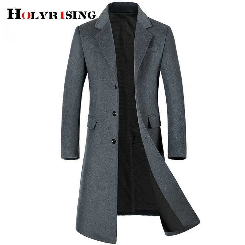 HOLYRISING Men Long wool coat Thicken Men's  trench coat  Men's cashmere coat High-quality Woolen Overcoat Long Parka 19036-5