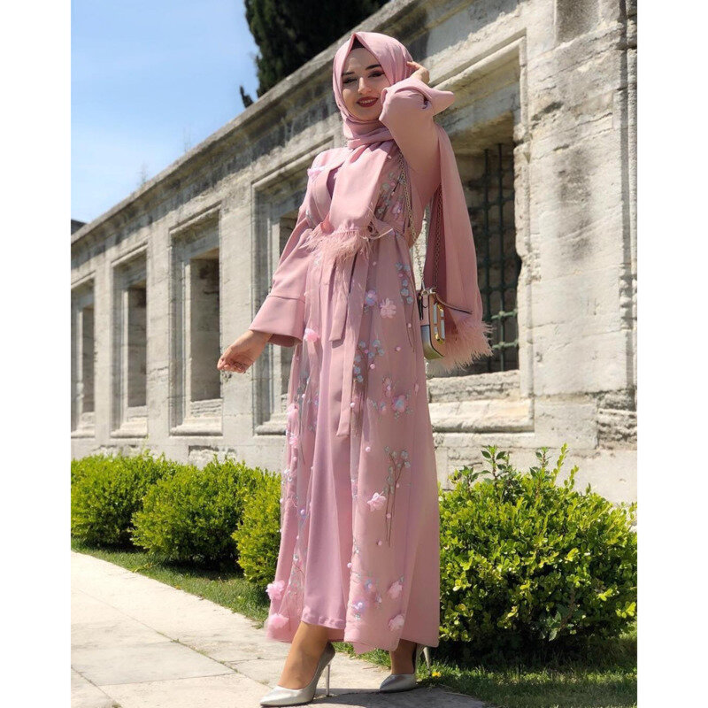 Kimono Abaya Floral Muslim Wanita Jilbab Gaun Hijab Bordir Abaya Kaftan Dubai Pakaian Islami Maroko