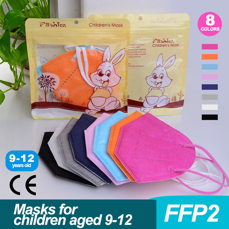 Masque pour enfants, lot de 10 à 100 pièces, réutilisable, lavable, 9 couleurs, ffp2, kn95