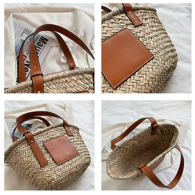 Плетеная соломенная женская сумка-тоут, Дизайнерские летние дамские сумочки контрастных цветов на ремне, дорожная соломенная сумка для отп...