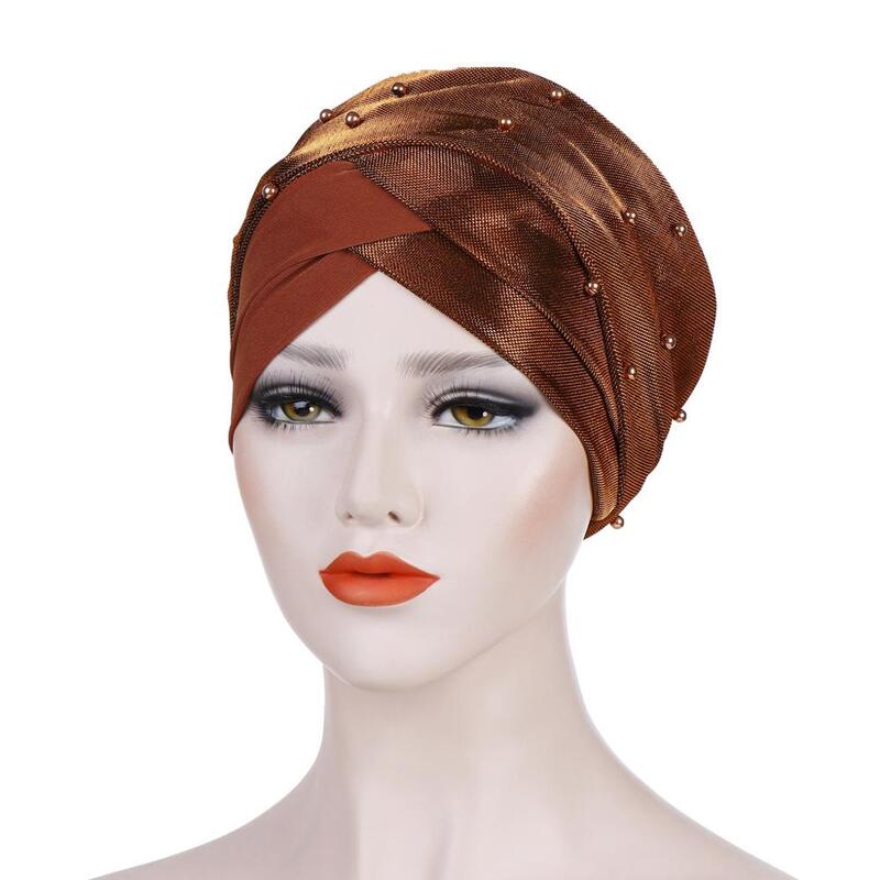 Turban en coton avec perles pour femmes musulmanes, bonnets élastiques, chimio, Hijab islamique, foulard de tête, Bonnet, Mujer