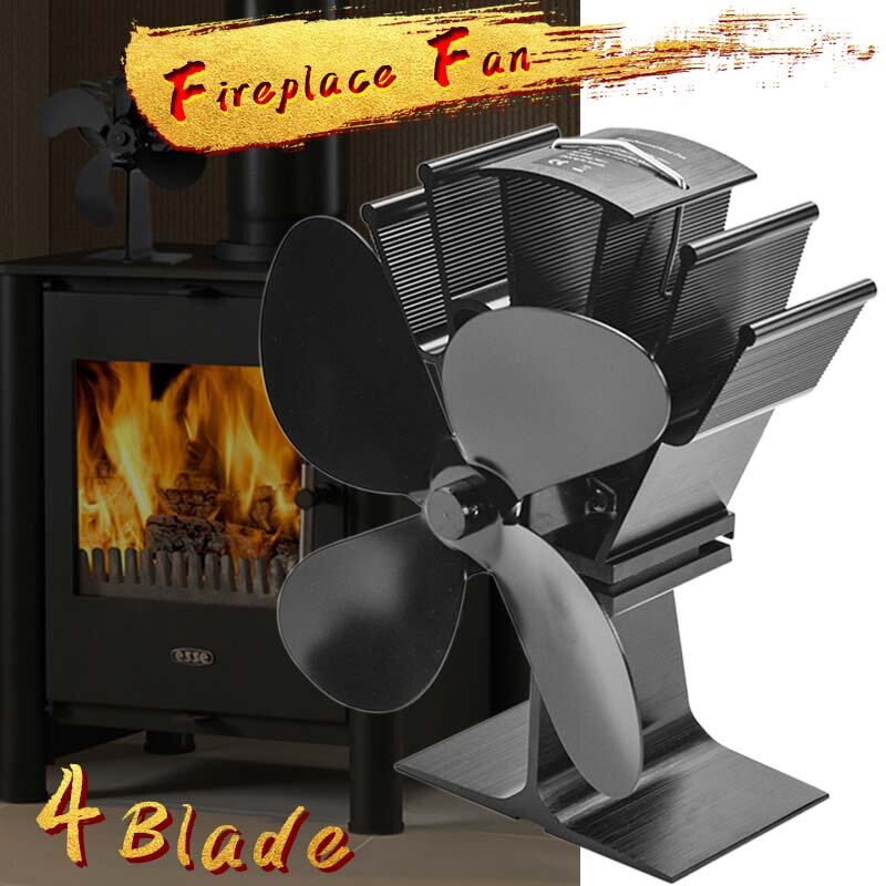 Ventilateur de cheminée noir à 4 feuilles, puissance thermique, brûleur à bois, écologique, silencieux, efficace, distribution de chaleur domestique