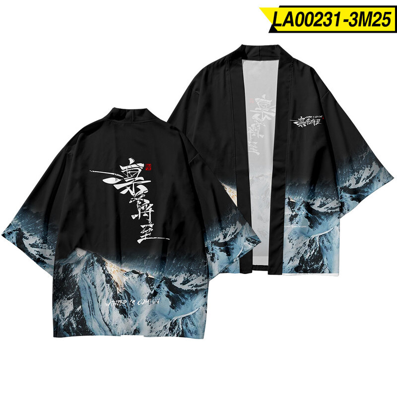 ชาย Harajuku Cardigan Kimono ญี่ปุ่นสีดำพิมพ์เสื้อผ้าและกางเกงชายหาดเสื้อสไตล์ญี่ปุ่น Kimono Streetwear เสื้อคลุมฮา...