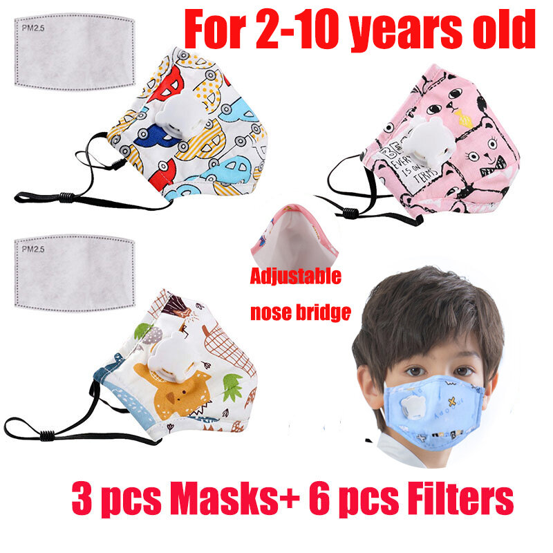 3Pcs PM2.5 Filter Kinderen Anti-Vervuiling Maskers Jongens Meisjes Katoen Verstelbare Maskers Kids Kind Stofmasker Wasbare Herbruikbare filter