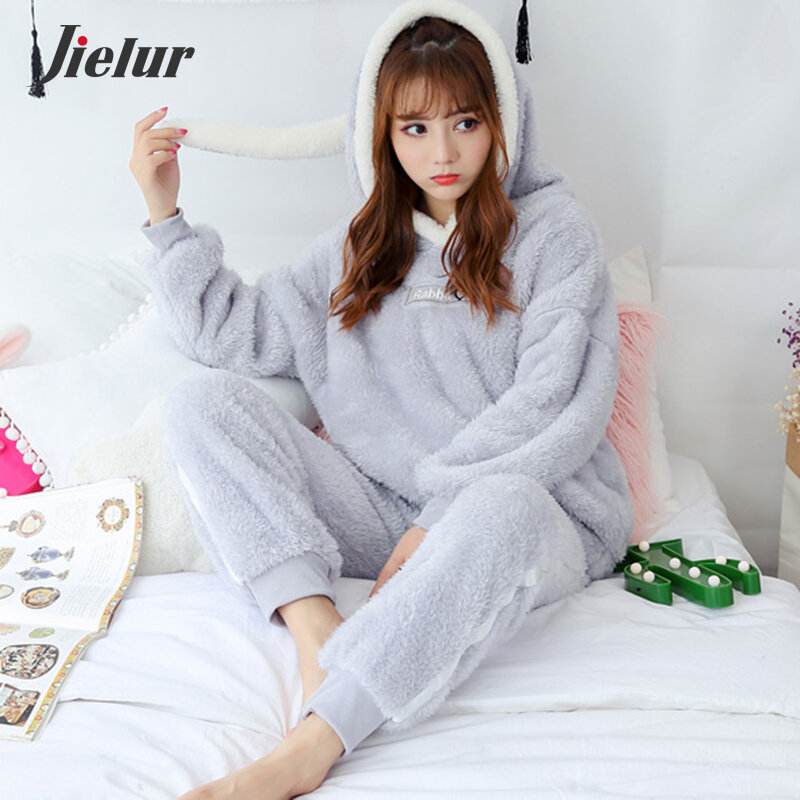 Jielur-Albornoz de terciopelo Coral para mujer, bata cálida con capucha de dibujos animados, Kimono de franela de conejo, bata de baño, ropa de dormir