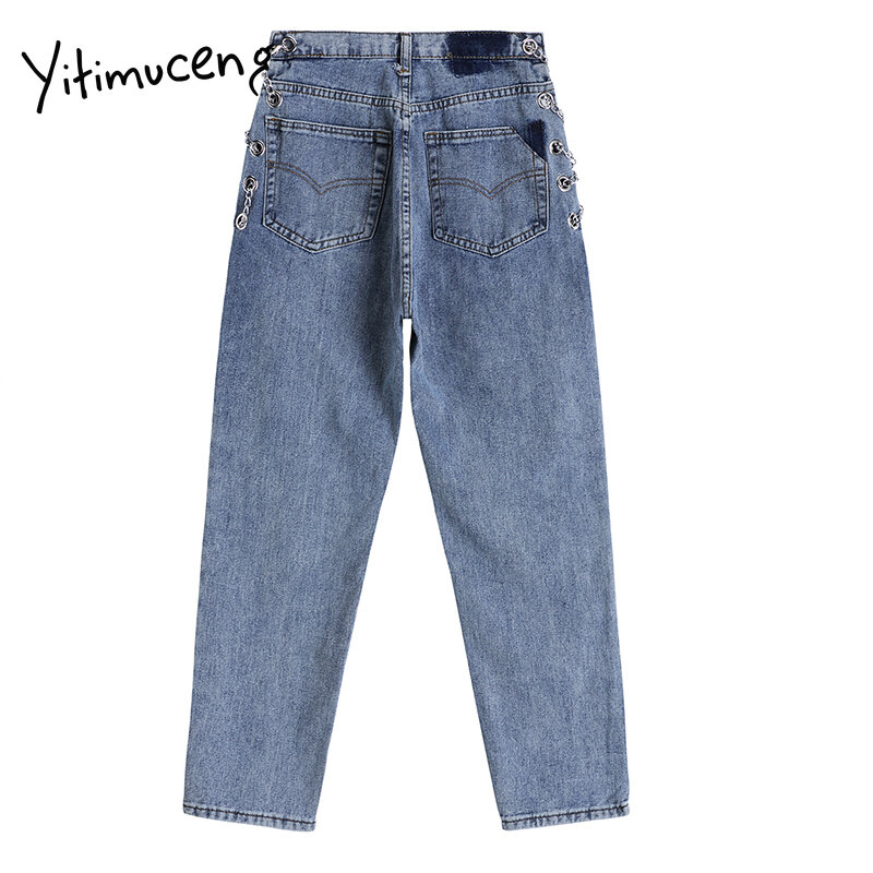 Yitimuceng Chain Women Jeans Straight Full Length Trousers Spring High Waisted Denim Comfortable Casual Clothes 2021 Fashion New