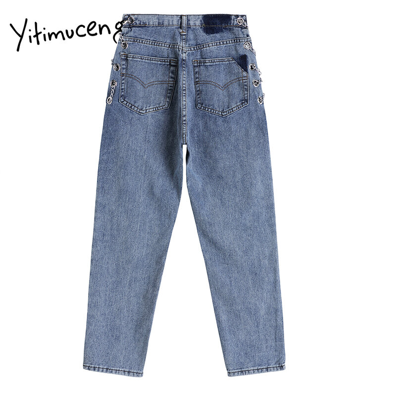 Yitimuceng corrente feminina jeans em linha reta calças de comprimento total primavera alta cintura denim confortável roupas casuais 2021 moda nova