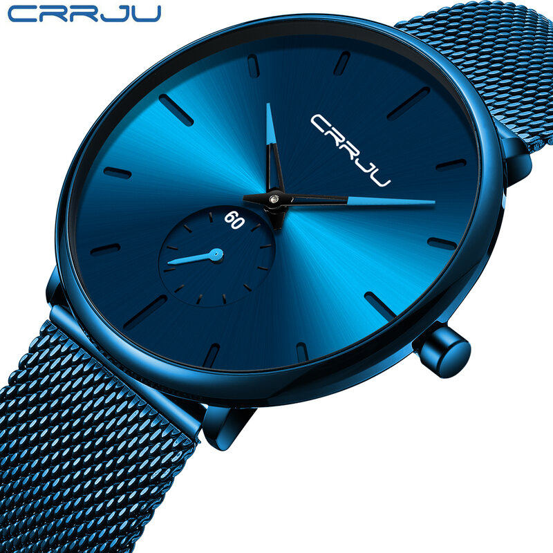 CRRJU Ultra cienki niebieski japonia zegarki kwarcowe ze stali nierdzewnej mężczyźni proste moda biznes zegarek zegar mężczyzna Relogio Masculino