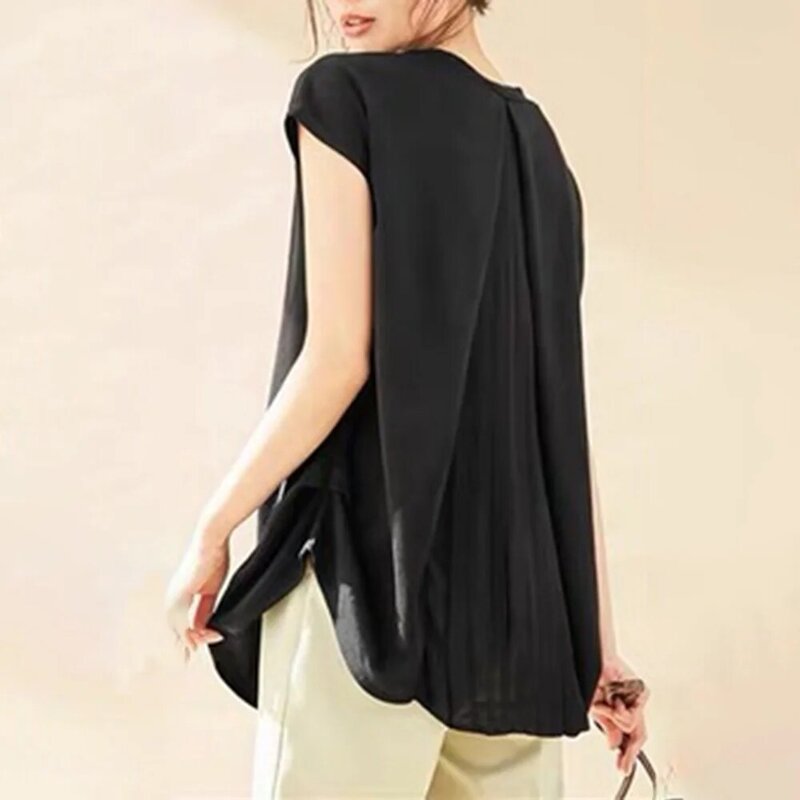 Japanese Style Women's Summer V-neck Temperament Blouse Chiffon Crimping Elegant Loose Solid Color Pleated Splicing Tops 2021
