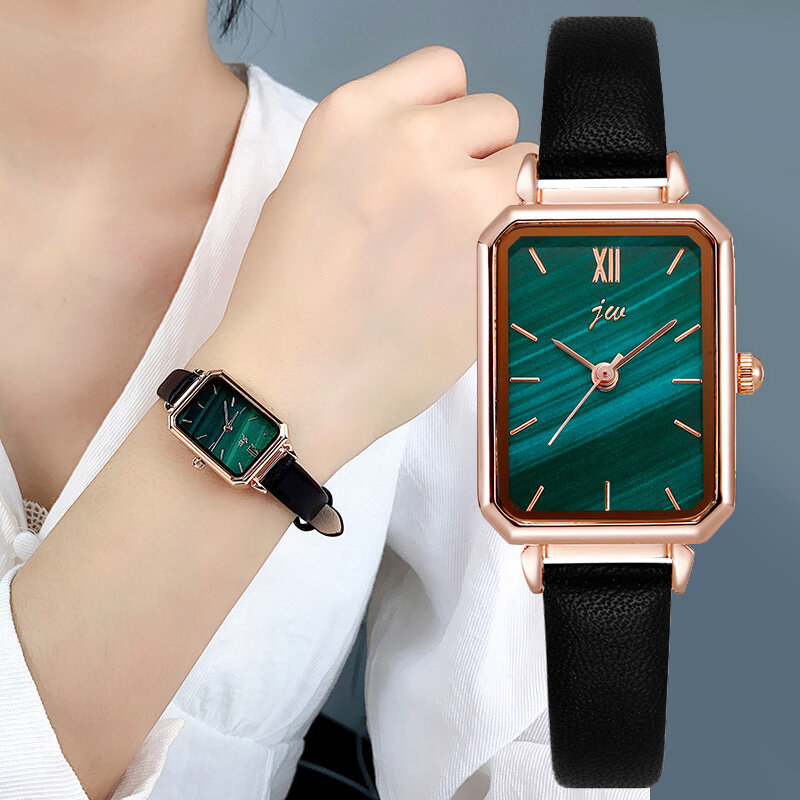 Relógio feminino quartz de couro, relógio analógico elegante com mostrador verde vintage