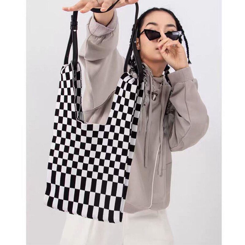 Women's Classic Checkerboard Plaid Woolen Knitted Shoulder Bag Vintage Chic Large Capacity Ladies Casual Tote Shopping Handbag