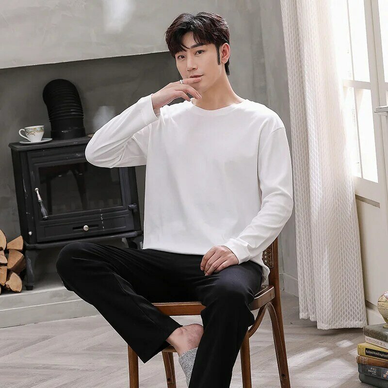 Pajamas men's autumn and winter pure cotton long sleeved trousers new round neck simple leisure home clothes large externally