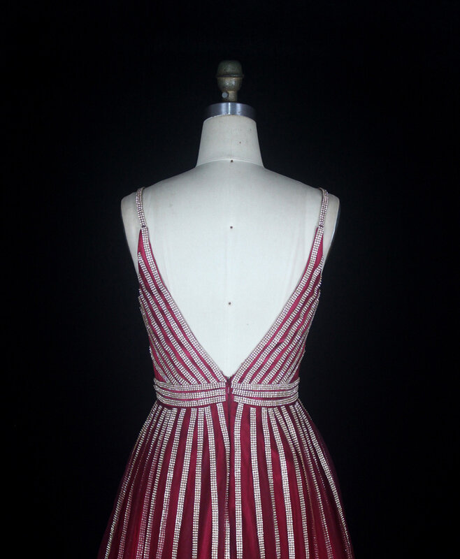 ビーズウエディングドレス 2020 vネックスパゲッティストラップノースリーブイブニングaライン背中の赤のイブニングドレスvestidoデ · フェスタ