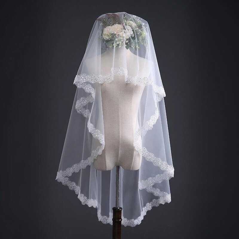 Zus Bridal 2022 Sequin Applique Wit Ivoor Wedding Veils Met Tulle One-Layer Bruid Mariage Bruiloft Accessoires Hoofddeksels