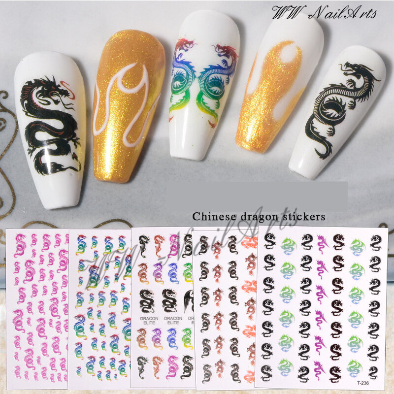 10pcs New 3D Nail Stickers Dragons Design Adhesive Water Transfer Stickers DIY Nail Art Decoration Manicure Salon Acrylic Tips