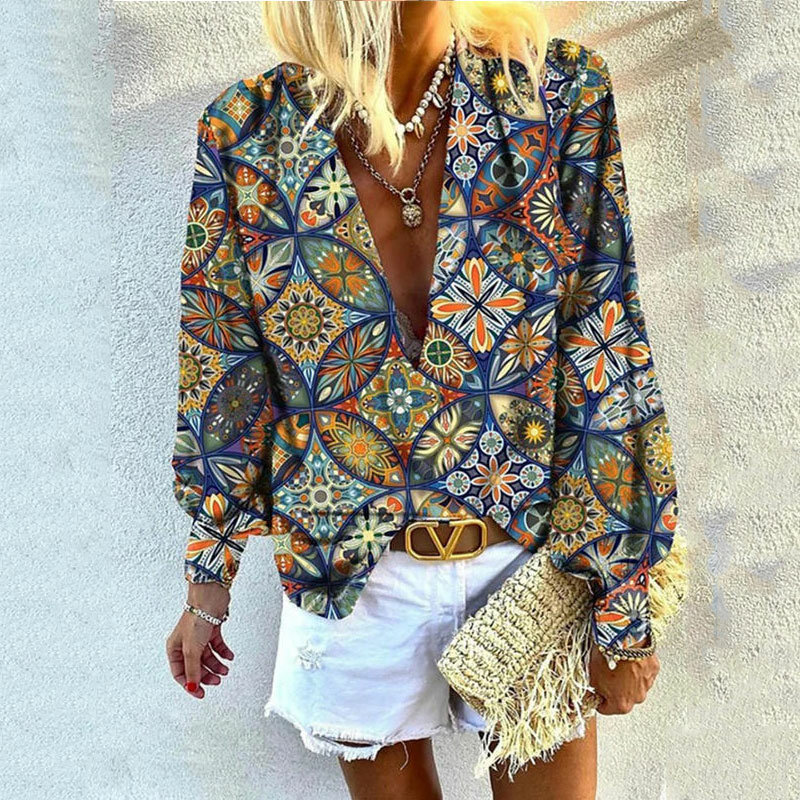 Женская Свободная блузка с длинным рукавом, Повседневная Блузка с глубоким V-образным вырезом и графическим принтом в стиле ретро, рубашка с...