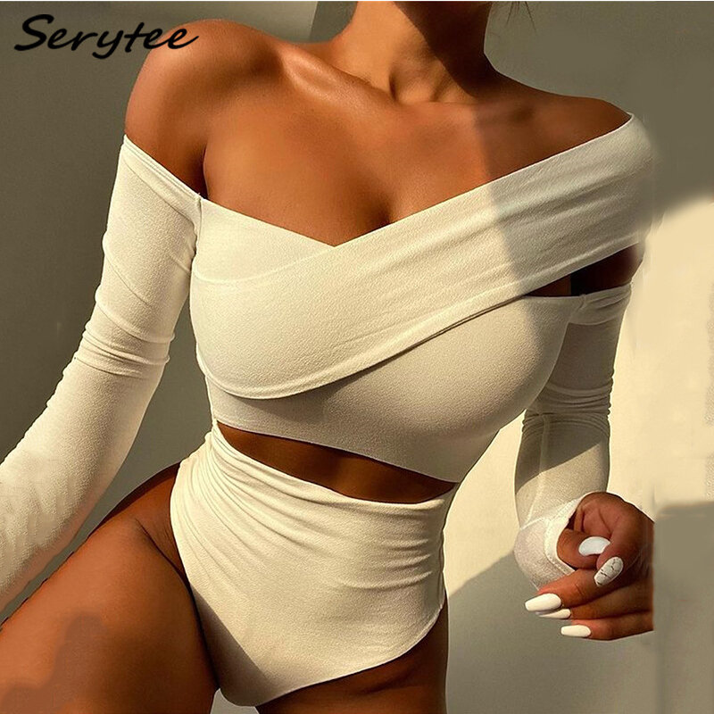Serytee – combinaison moulante à manches longues et épaules dénudées pour femme, combinaison courte ajourée, couleur unie, blanc, tenue de soirée, 2021