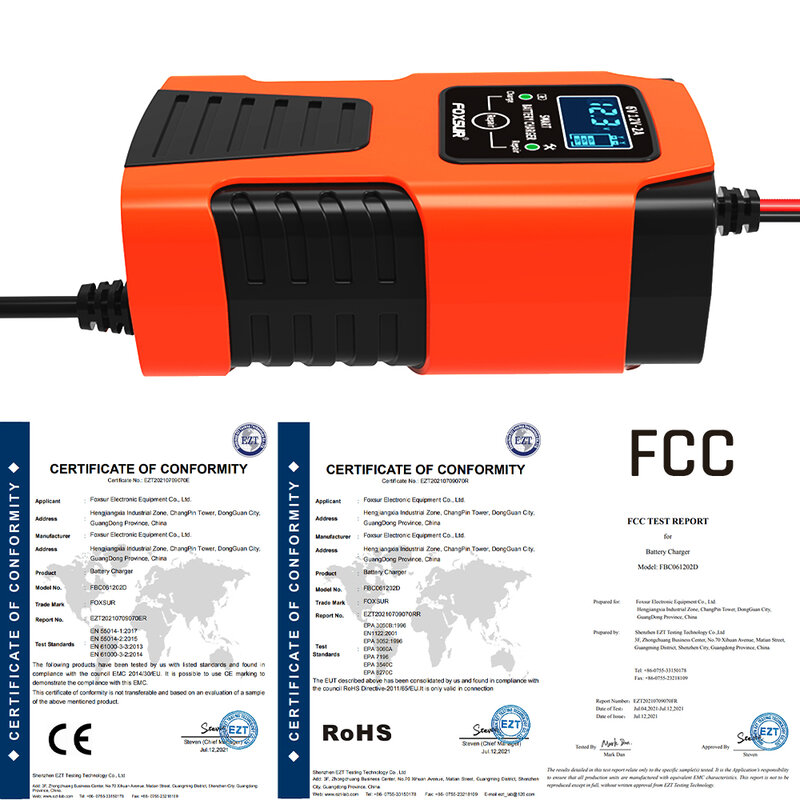 Foxsur carregador de bateria automático 6v/12v 2a para carros motocicleta cortador de grama trator jetski gel chumbo-ácido agm reparação desulfator