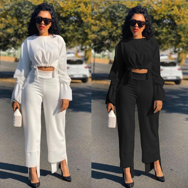 PLSW Two-pieces Leisure home Solid Long sleeve Shirring Irregular trousers design Women Pants Set