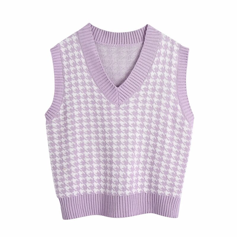 Women sweet knitted vest waistcoat houndstooth sleeveless stretchy jacket female cute chic tops mujer 2020