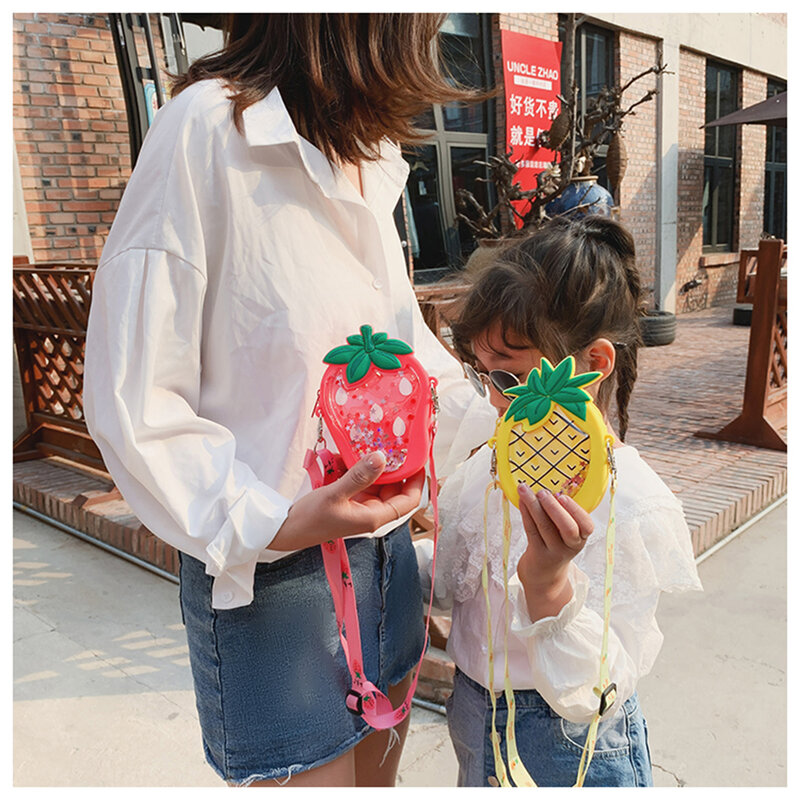 S.IKRR-bonita forma de fruta bandolera para niños, bolso de moda para niñas, diseño de lentejuelas de arena movediza de goma, Mini bolsos para niños
