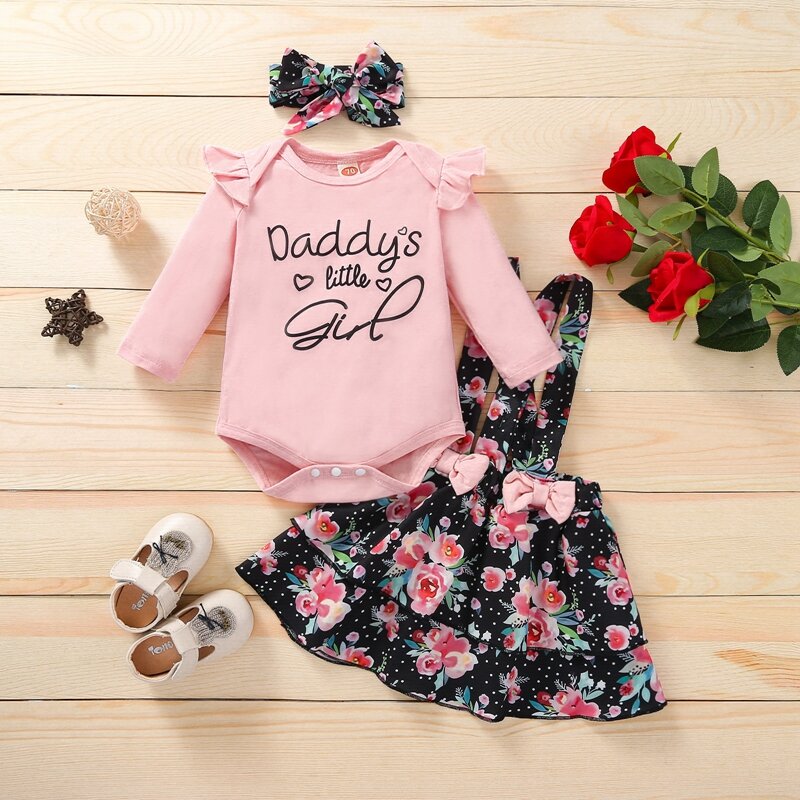 3PCS Baby Mädchen Outfit Set Neugeborenen Kleinkind Mädchen Kleidung Blume Drucken Langarm Romper Body + Rock + Stirnband infant Baby Anzug
