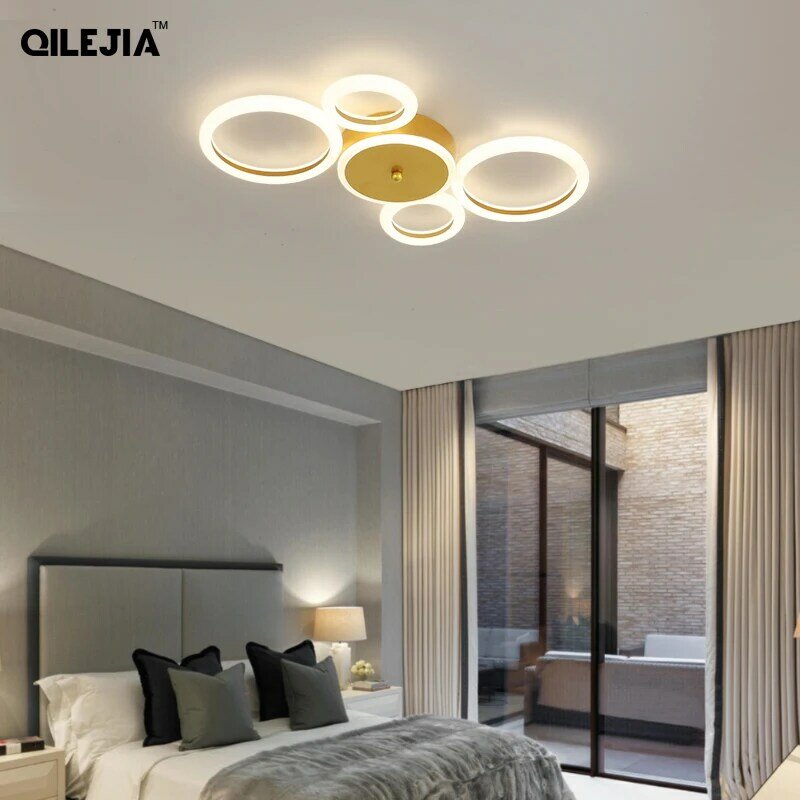 New Gold Iron Acrylic Led Chandelier Lighting For Living Study Room Bedroom Creative Circle Lights Indoor Lamp Dimmable Fixtures