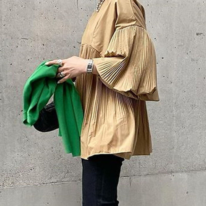 Женская блузка с круглым вырезом, повседневная однотонная Свободная блузка с расклешенными рукавами, в японском и корейском стиле, лето 2021