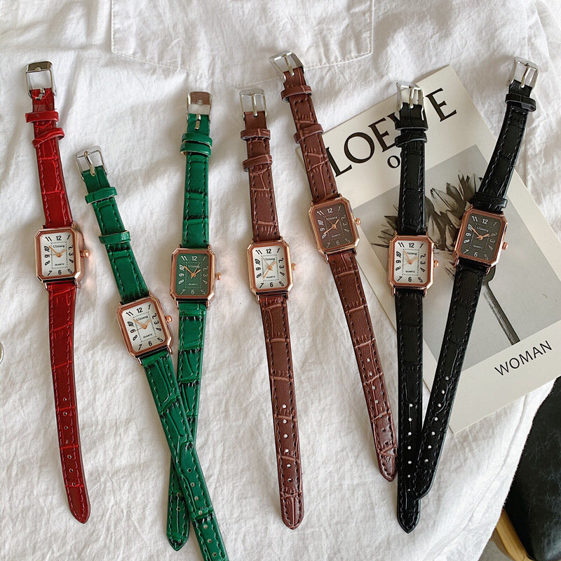 Ulzzang marca moda feminina relógios simples número dial retângulo relógio feminino marrom senhoras de couro do vintage pulso relógio