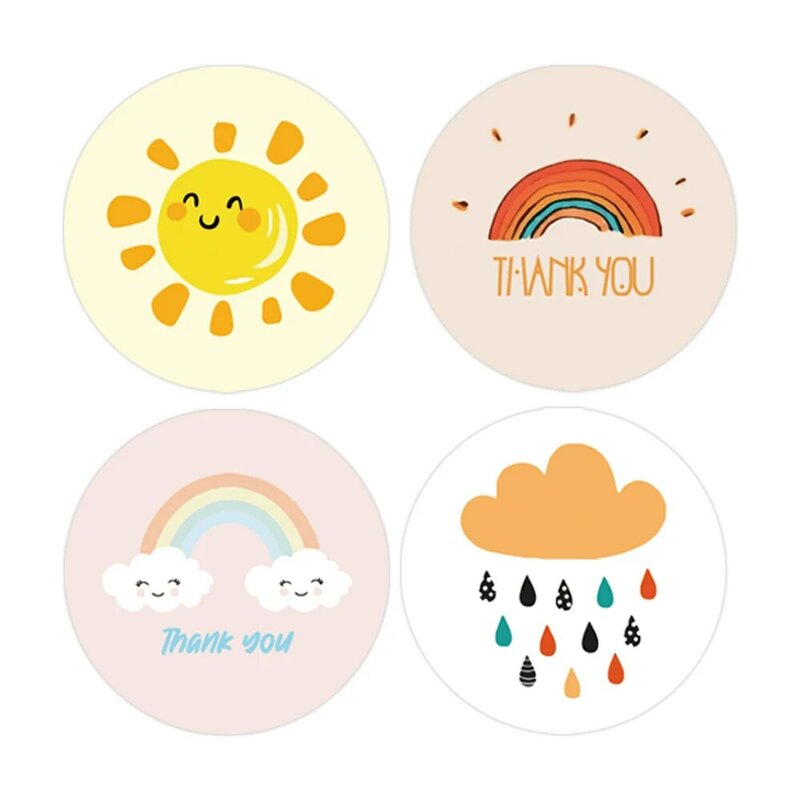 500 Buah Kartun Bulat Stiker Terima Kasih Stiker Awan Pelangi Matahari Lucu untuk Label Dekorasi Hadiah Buatan Tangan Stiker Hadiah Anak-anak