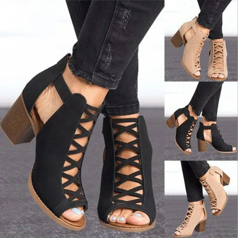 2020 Women Square Heel Sandals Peep Toe Hollow Out Chunky Gladiator Sandals With Strap Black Spring Summer Shoes HVT791