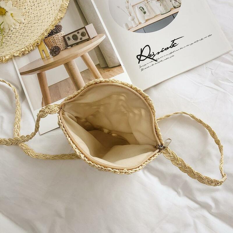 Summer Simple Round Straw Shoulder Bag For Women Handmade Woven Paper Rope Hook  Casual  Bags Beach Travel Girls Crossbody  Bags