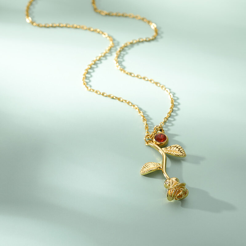 Colar de ouro de aço inoxidável colar de pedra de nascimento de flor de rosa de zircão de corrente de ouro
