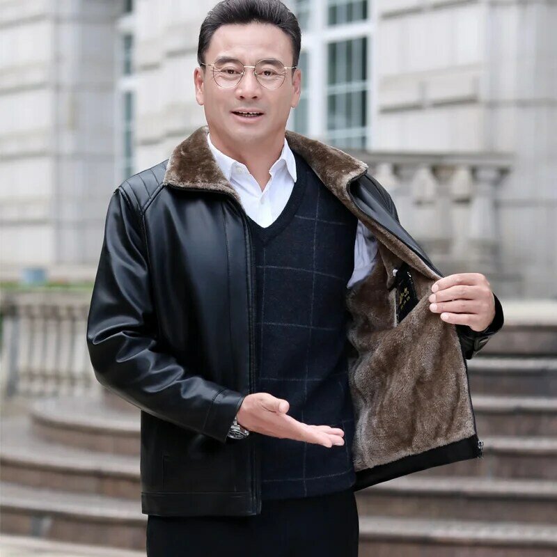 Inverno casaco de couro de pele do falso homem negócios casual grosso blusão presente do pai jaqueta de couro masculino plus size L-5XL
