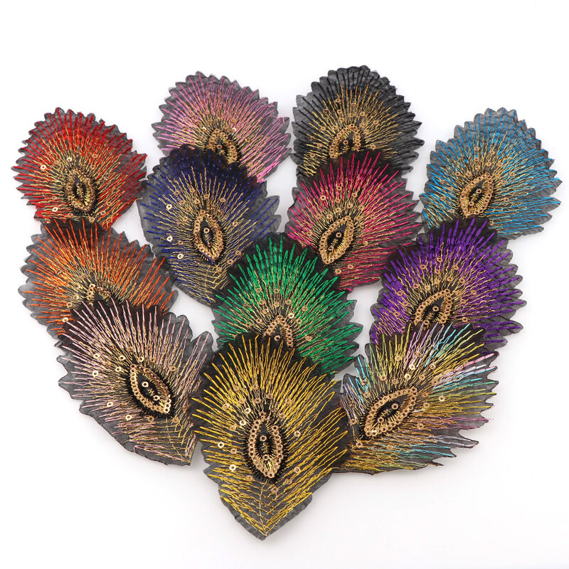 12 Stuks Mix Kleur Pauw Veren Phoenix Lovertjes Mesh Geborduurde Naai Iron On Patches Badges Voor Jurk Diy Applicaties Decoratie