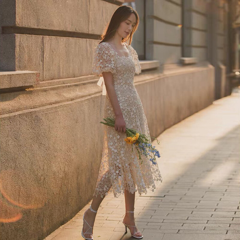 ETESANSFIN – robe d'été pour femmes, tenue de soirée, de mariage, de Style français, avec nœud en dentelle