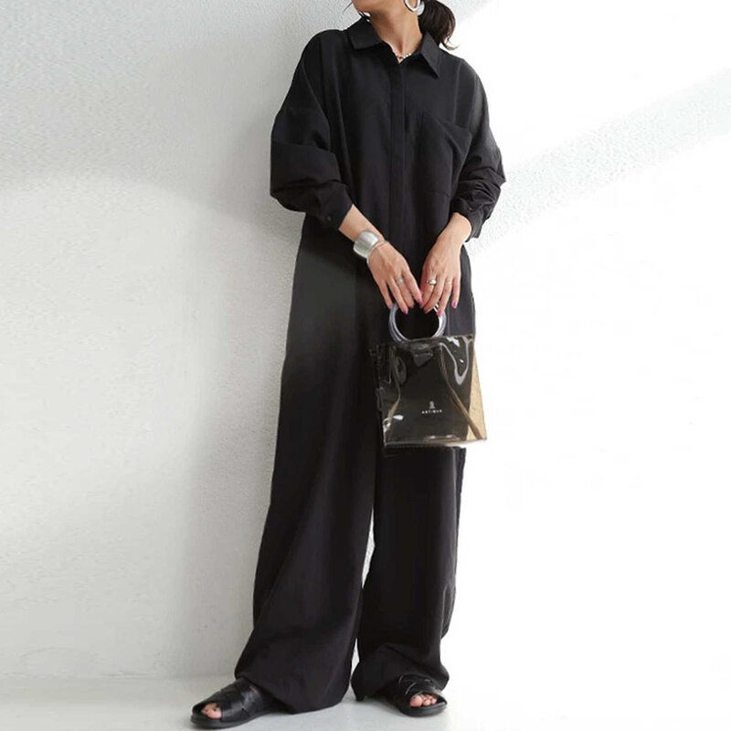 Koreański styl kobiety kombinezon 2021 jesień zima kombinezony pajacyki jednolity kolor z długim rękawem japoński Casual Playsuit kobiet stroje